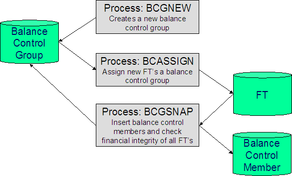 The Balance Control background processes are BCGNEW, BCASSIGN, and BCGSNAP. BCGNEW creates a new balance control group. BCASSIGN assigns a balance control group to new financial transactions. BCGSNAP inserts balance control members and checks the financial integrity of all financial transactions.