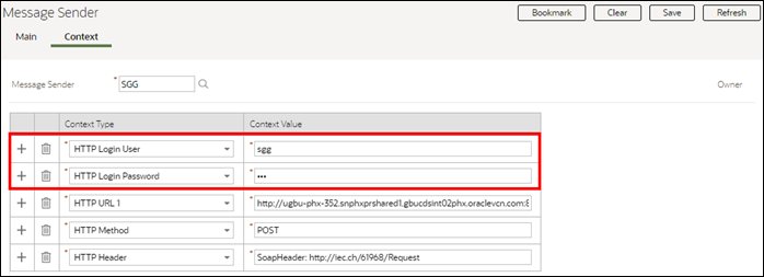 Screen capture showing the HTTP Login User and HTTP Login Password parameters on the Context tab of the Message Sender portal.