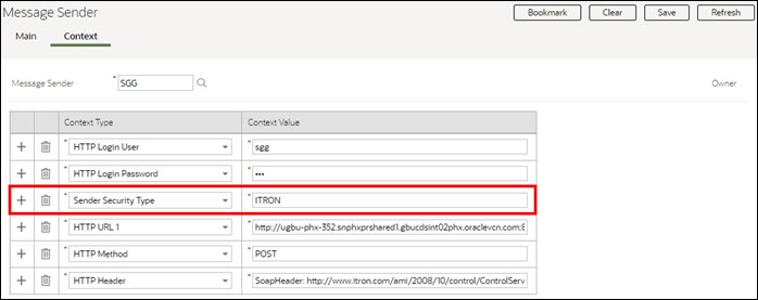 Screen capture showing the Sender Security Type parameter set to "ITRON" on the Context tab of the Message Sender portal.