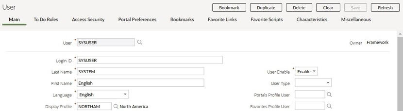 User page showing various buttons on the top right, above the various tabs. Here, Main tab is selected and it's content is shown.