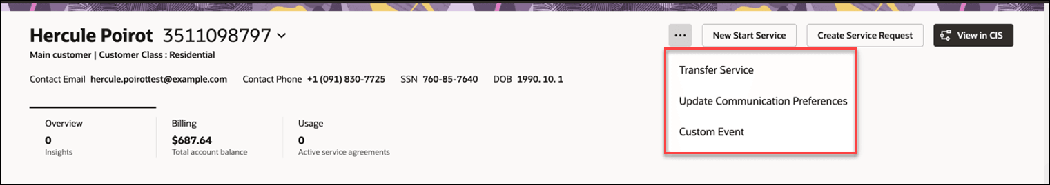 This image shows where the action menu options are on the Customer Dashboard.