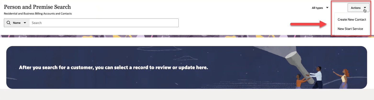 This image shows the Person and Premise Search screen and identifies the Action button. This image shows the Person and Premise Search screen and identifies the Action button.