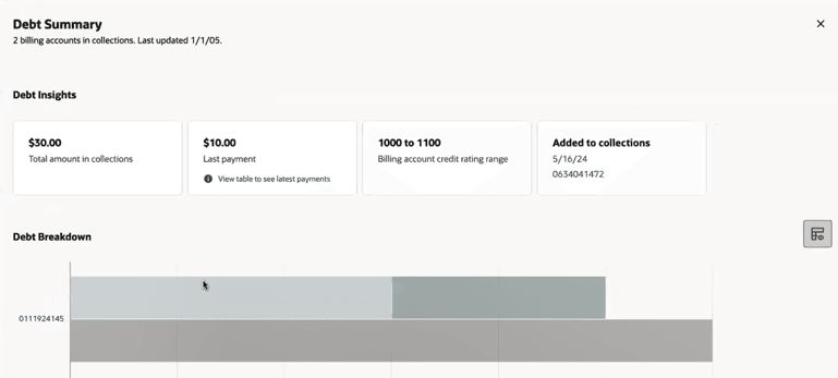 This image shows an example of the Debt Summary drawer. This image shows an example of the Debt Summary drawer.