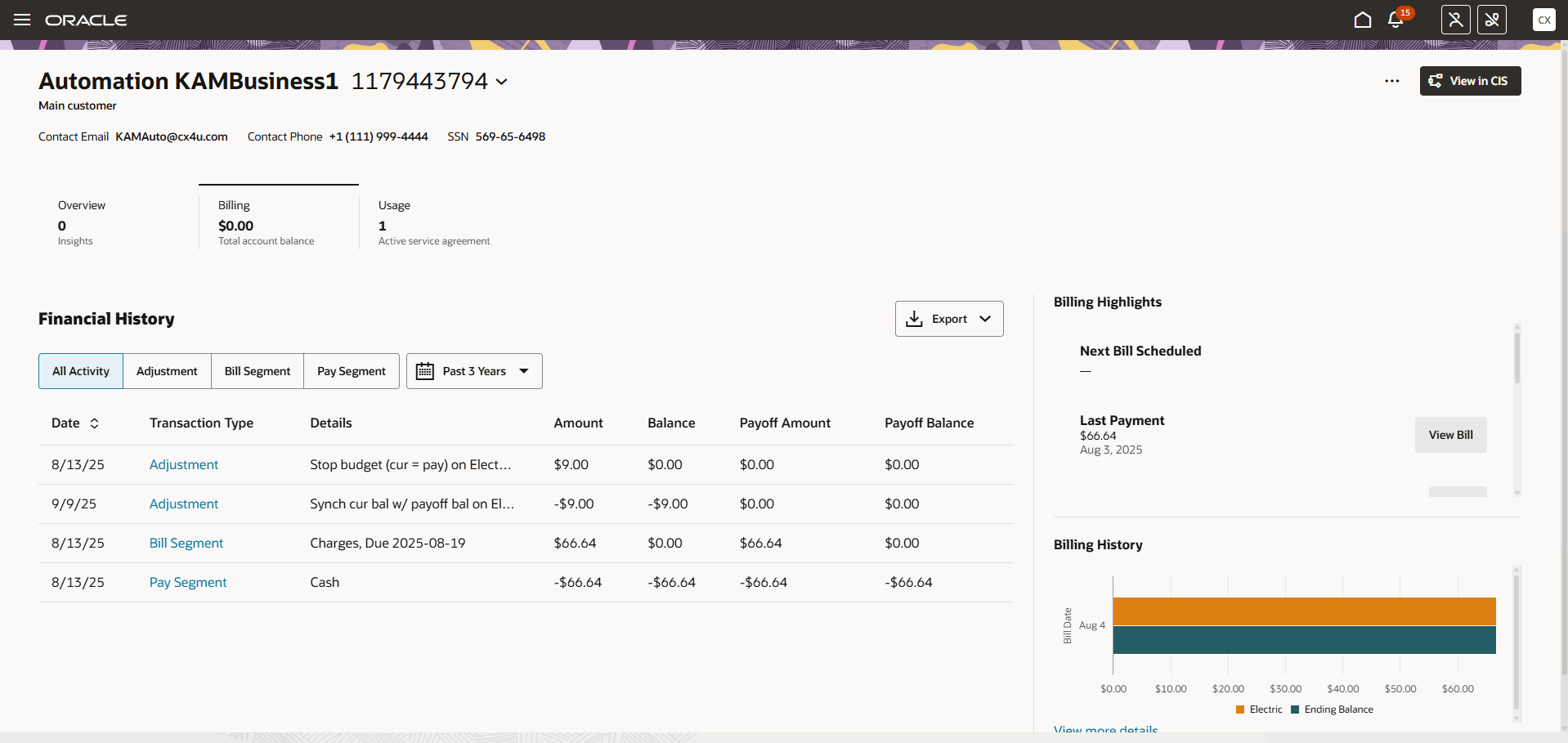 This image shows an example of the Billing tab.
