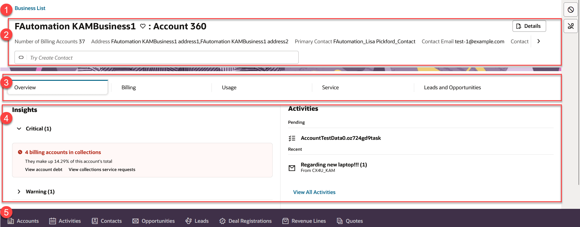 This image shows an example of Account 360 and the main areas.