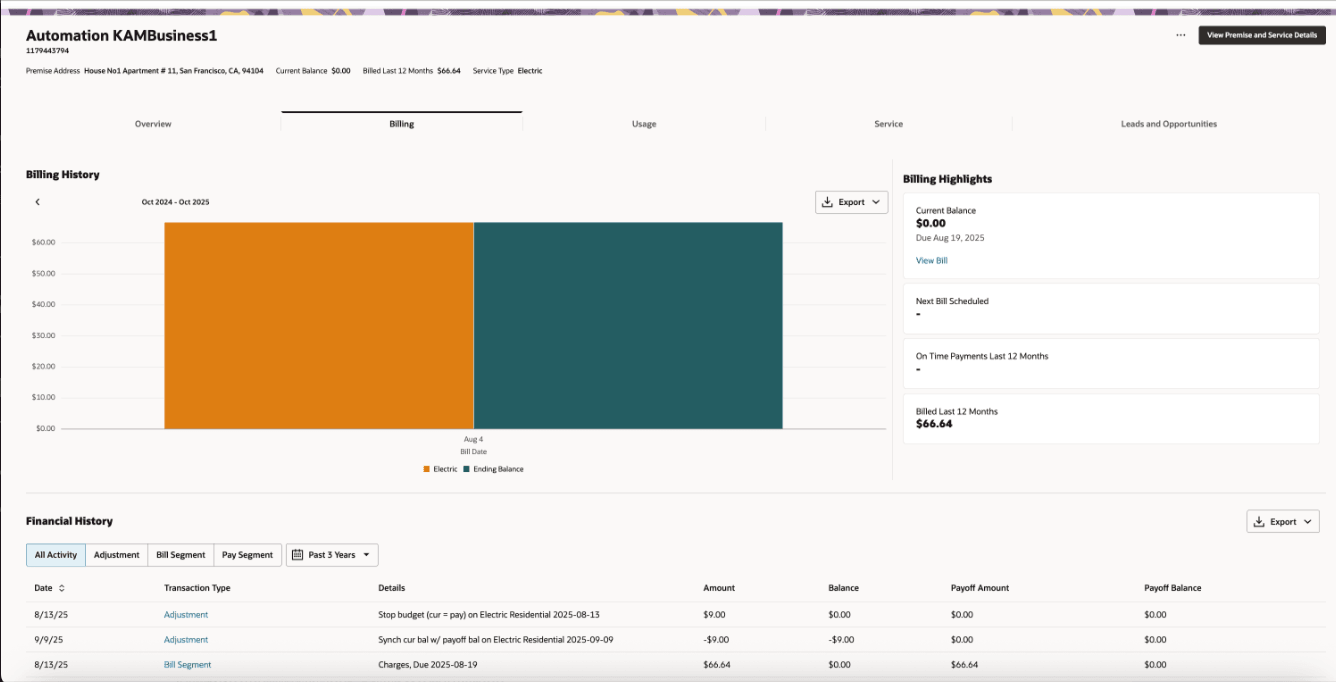 This image shows an example of the Billing tab after you select a single billing account. This image shows an example of the Billing tab after you select a single billing account.