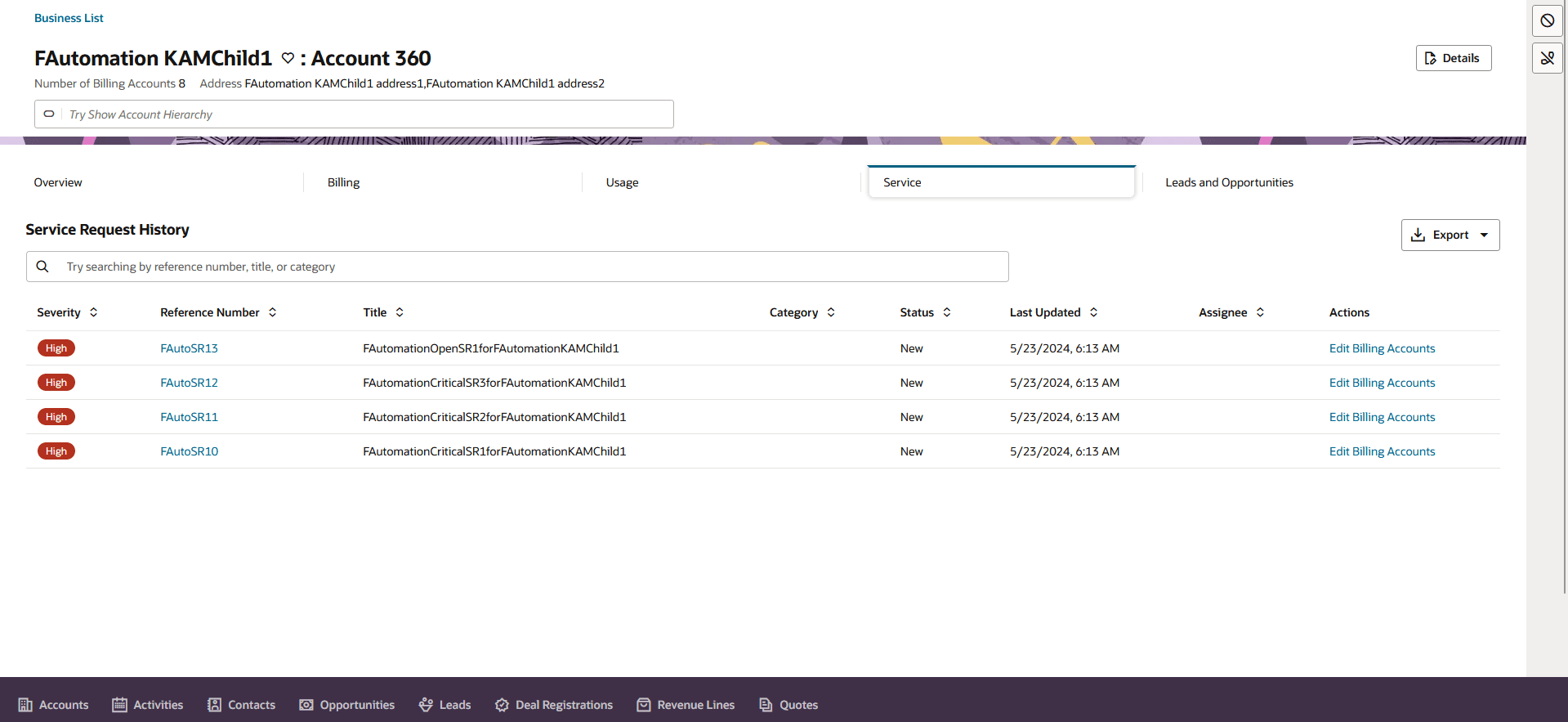 This image provides an example of the Service tab.