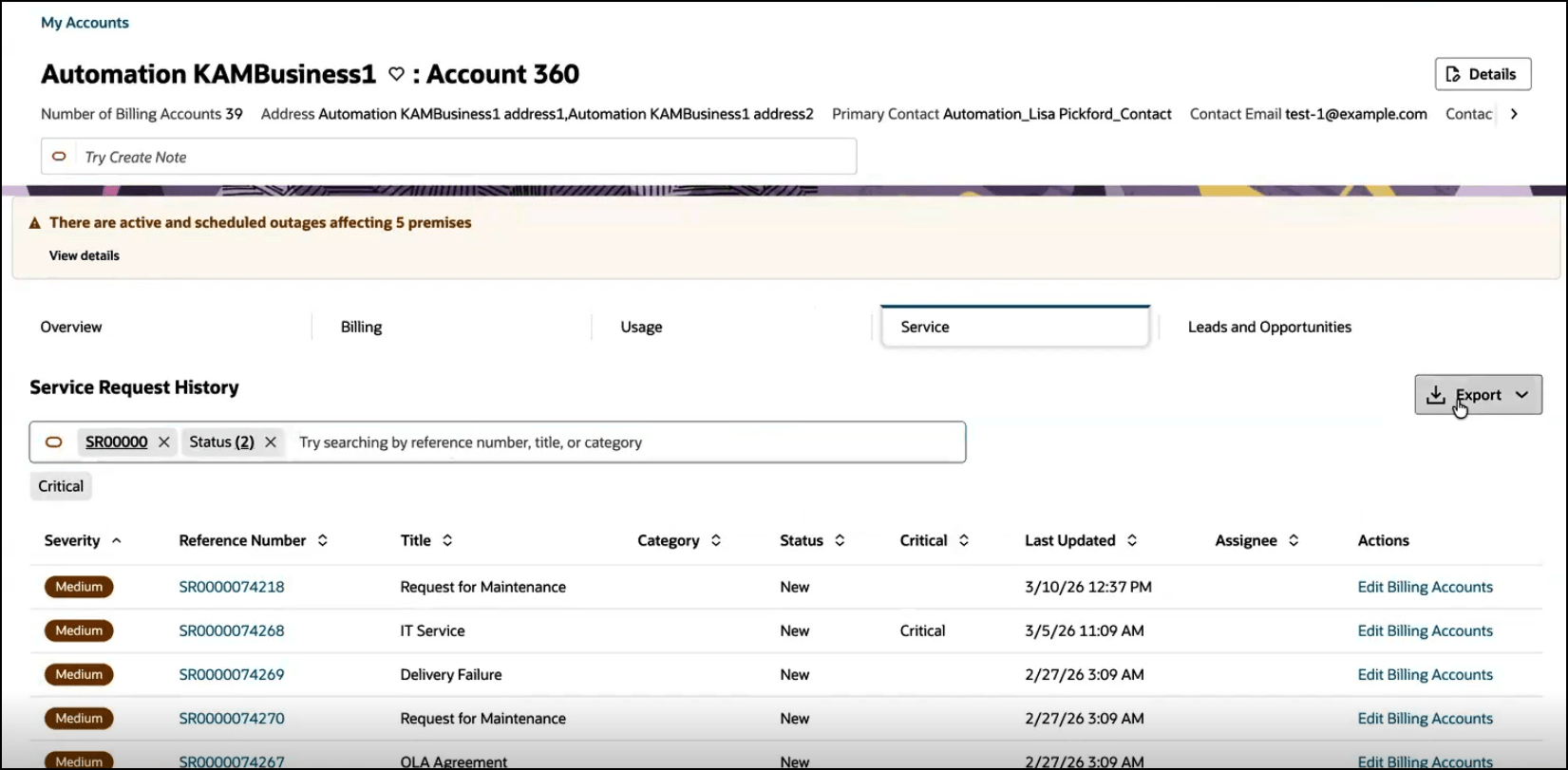 This image provides an example of the Service tab.
