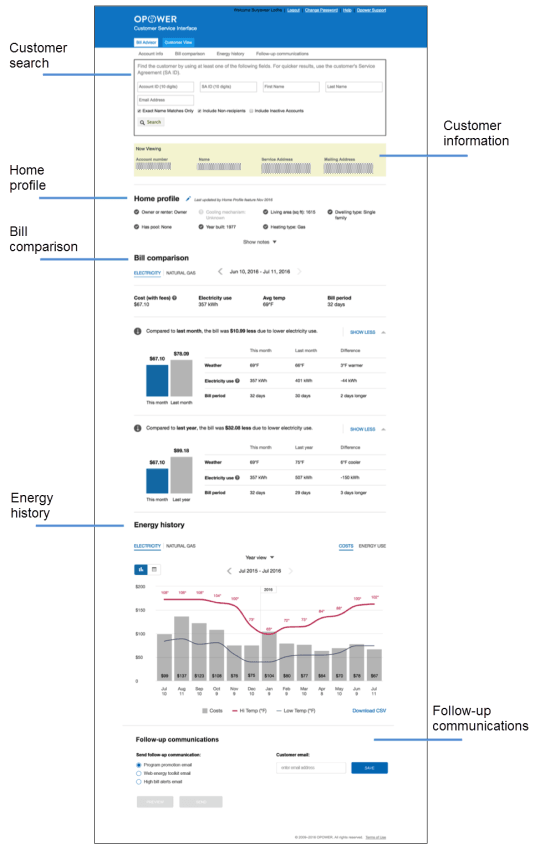 Bill Advisor tab offering the ability to search for and view basic customer information, compare a customer's current bill to previous bills, view long-term energy use and weather trends, and send follow-up emails to thank customers for their time.