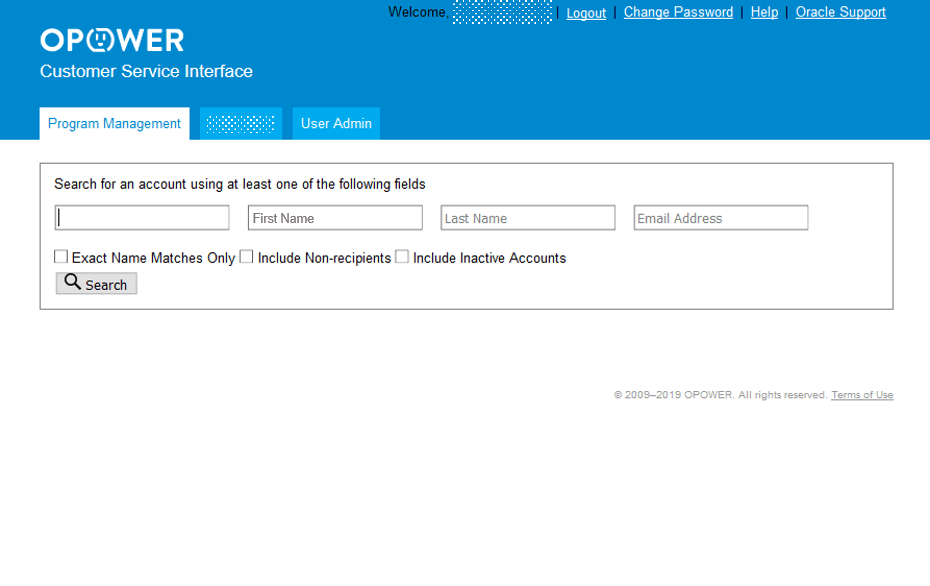 Program management tab that offers the ability to search for accounts using information such as customer first and last names, or an email address.