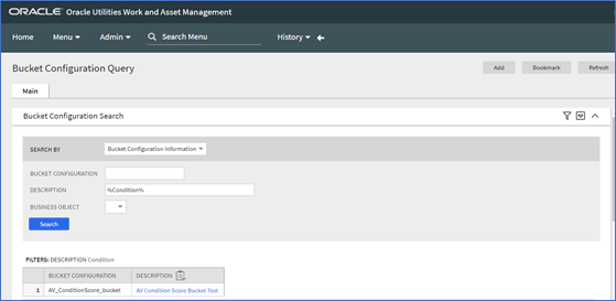 Page to enter the search criteria for locating bucket configurations with an example of searching based on the description value