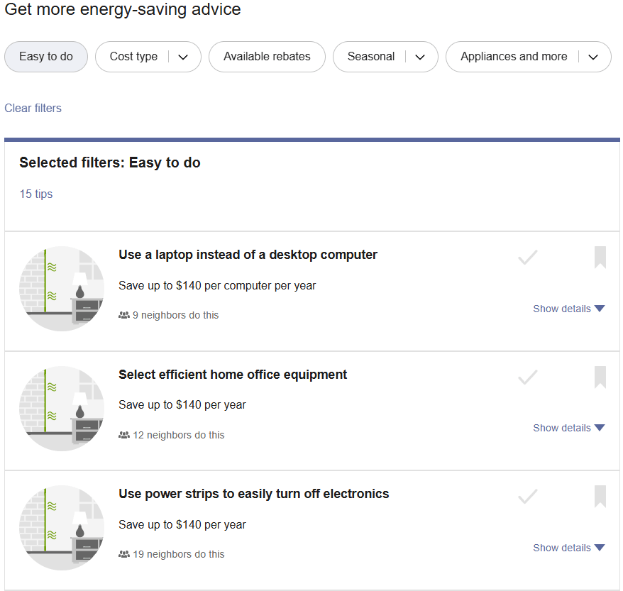 Ways to Save Tips List, which displays the tips for an applicable tip guide. Customers can select a tip to view additional information about the tip.