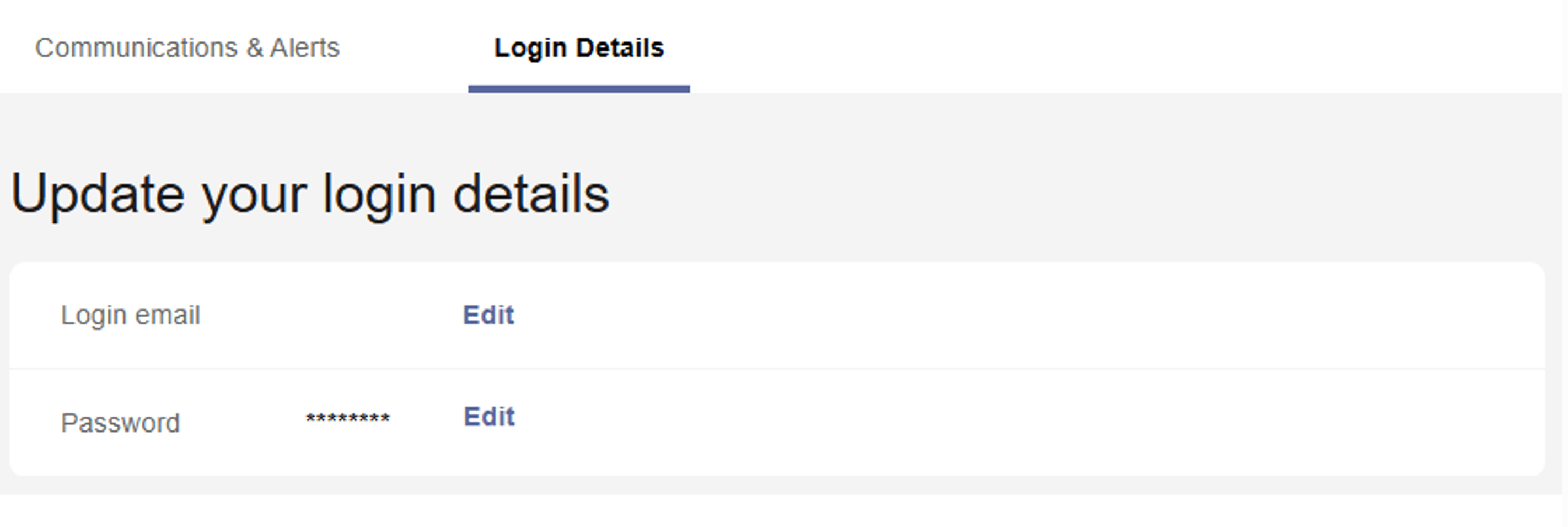 Login details options to change the login email and password
