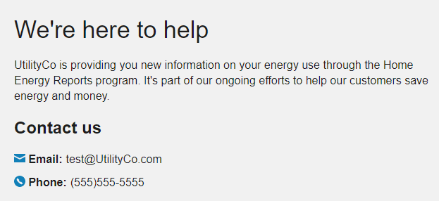 Example screenshot of help and contact information, including email and phone information for the utility.