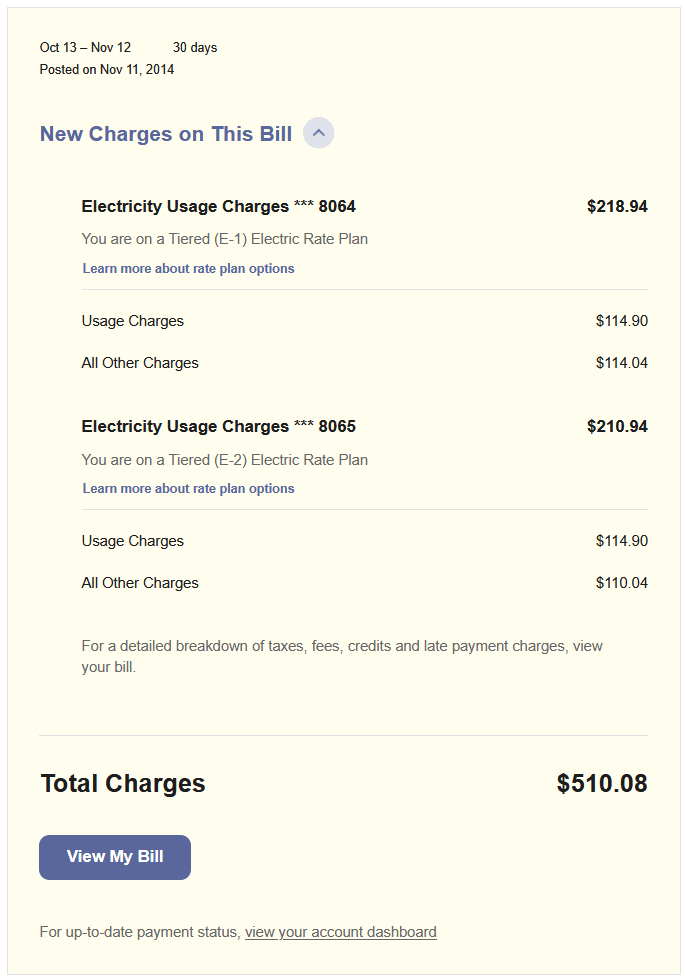 Screenshot of for customers who are dual fuel, whose rates are modeled, and who can see non-usage charges like taxes and fees.