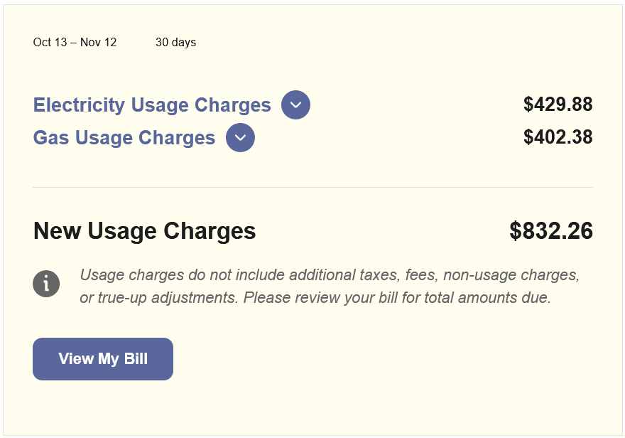 Screenshot of the Bill Breakdown widget for customers who are dual fuel and who cannot see extra details like taxes and fees.