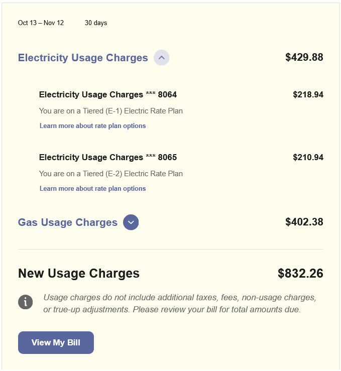 Screenshot of the Bill Breakdown widget for customers who have multiple service agreements for a fuel type.