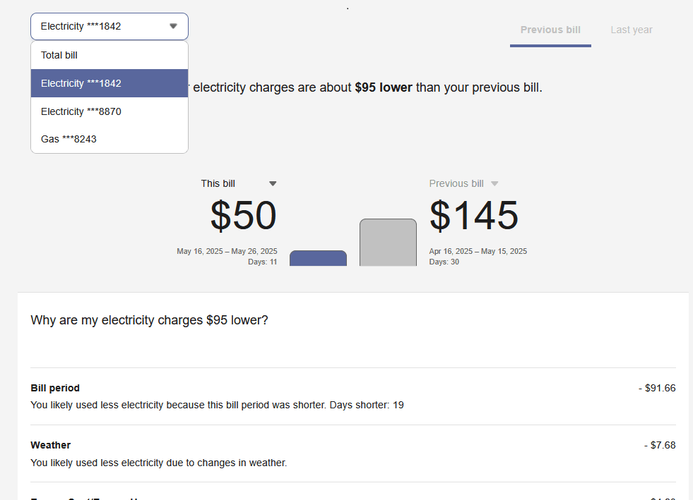 Screenshot of Bill Comparison showing a menu with multiple service points.