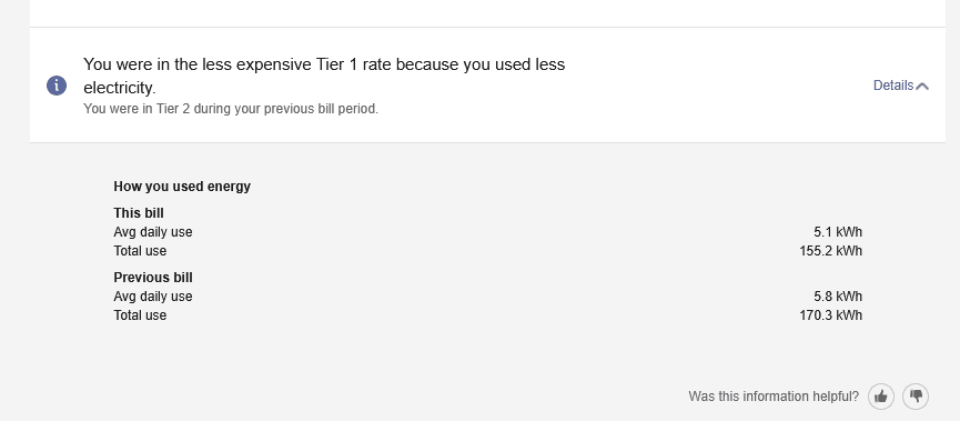 Example screenshot showing a message that the user qualified for a lower electricity rate by using less energy, along with a comparison of average daily and total electricity use for the current and previous bill periods.