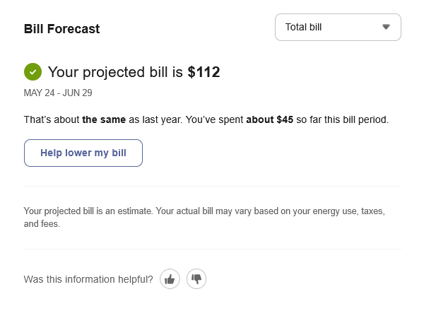 Screenshot of a combined fuel bill forecast.