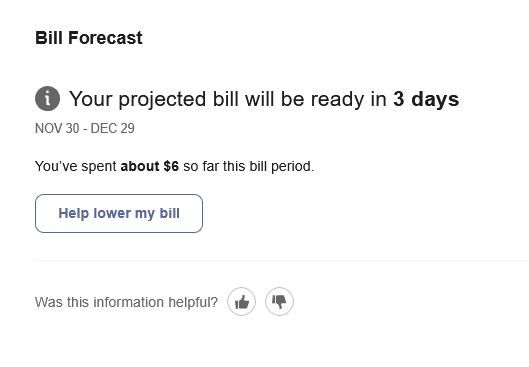 Screenshot of a bill forecast saying a projection will be ready soon. A cost-to-date is displayed in the meantime.