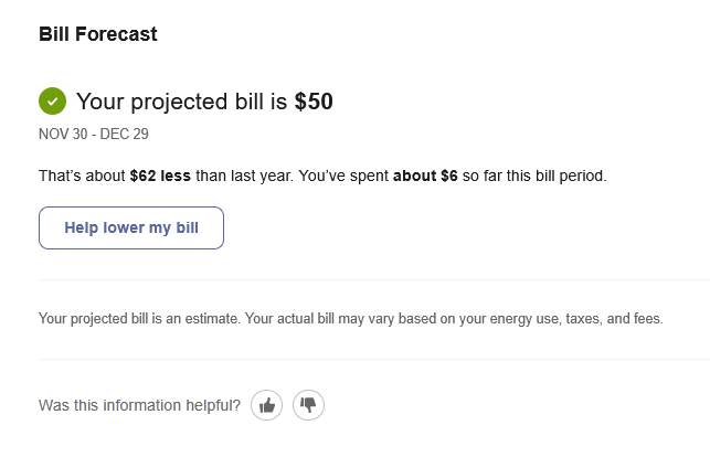Screenshot of bill forecast projecting that the customer will use less than their baseline comparison cost.