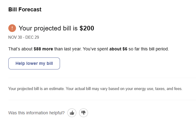 Screenshot of bill forecast projecting that the customer will use more than 30 percent of their baseline comparison cost.