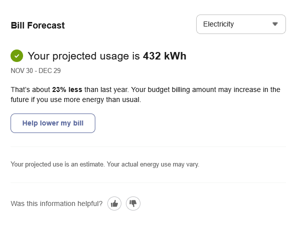 This image is an example of the bill forecast showing a message about how the budget billing amount may increase the customer uses more energy than usual.