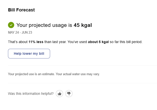 Image of a projected bill showing the number of gallons of water the customer used between April and May