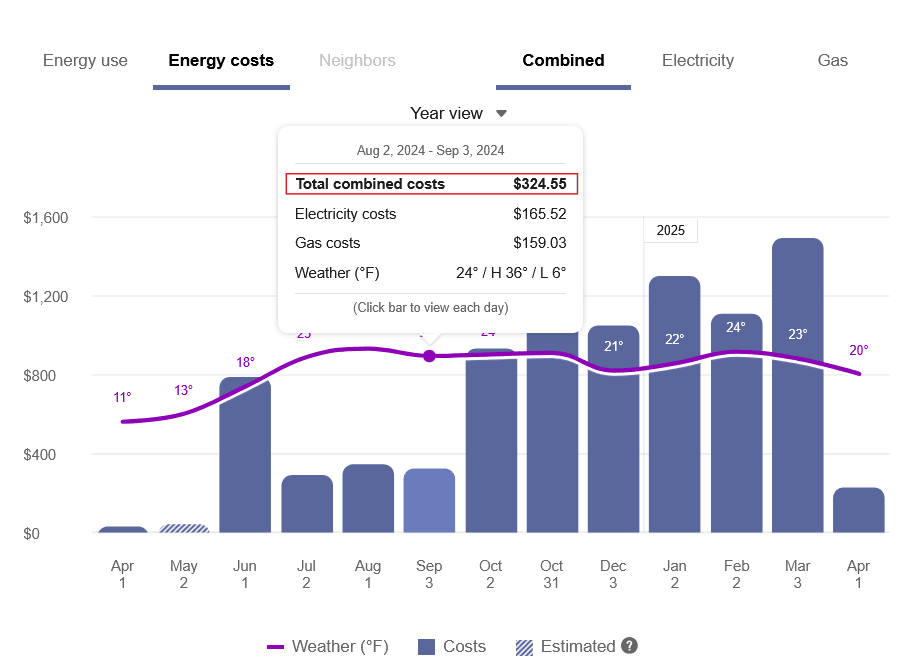 Image of the Energy history screen showing a combined view.