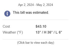 Screenshot showing an example of a tooltip containing an estimated bill.