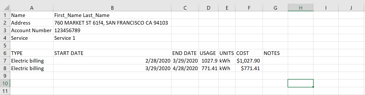 Screenshot of an example of a downloaded CSV file showing electric billing data