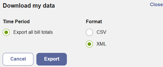 Screenshot of Green Button Download My Data section for customers who do only have billing data and therefore have fewer download options than customers who have AMI data.