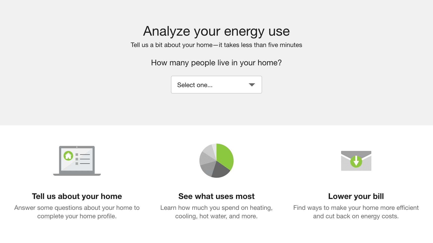 Landing page for the Home Energy Analysis survey, which allows customers to answer questions about their home characteristics to receive better energy use recommendations.