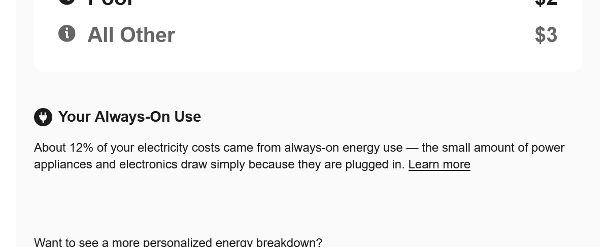 Example screenshot showing a summary of always-on electricity use, explaining that a portion of costs comes from devices that use power just by being plugged in, with a link to learn more.
