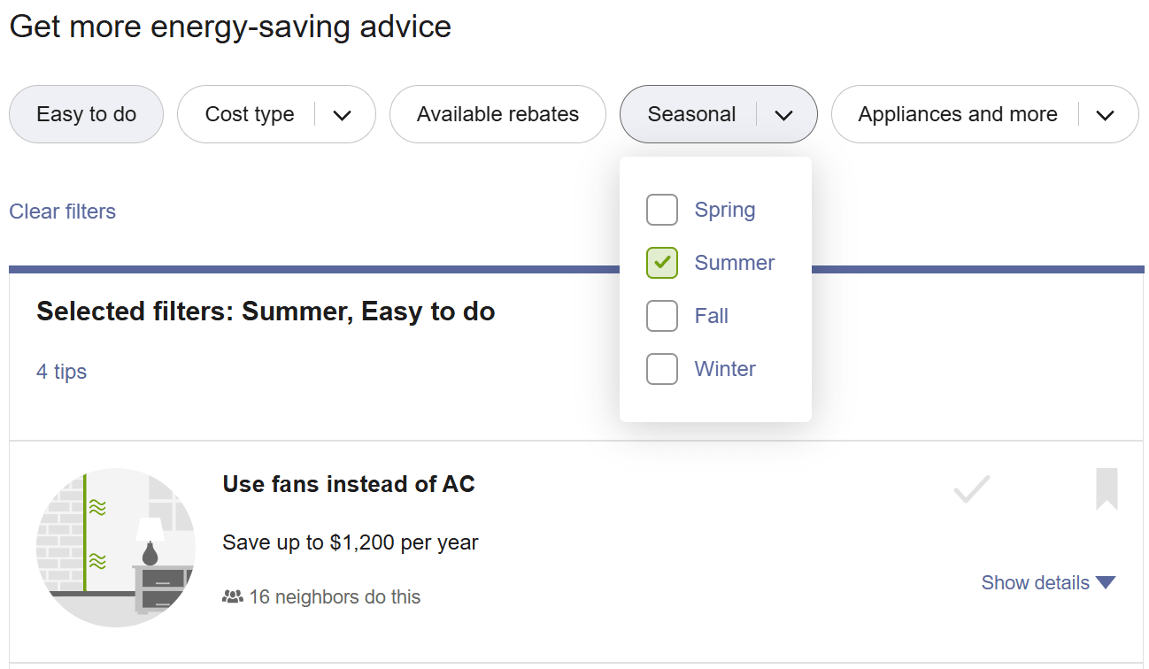 Ways to Save with tip filtering selected to list tips related to the tip filtering categories selected.