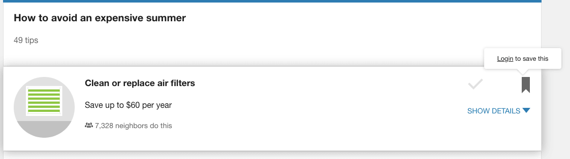 Example of a tip in Ways to Save that prompts a customer to log in to their account if they want to save the tip.