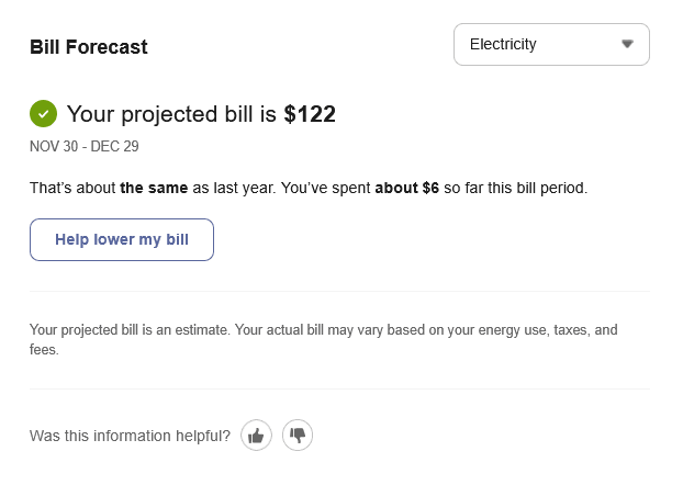Screenshot of a forecast for a customer who has a baseline cost and an estimated bill period date range. The customer is using about the same as their baseline.