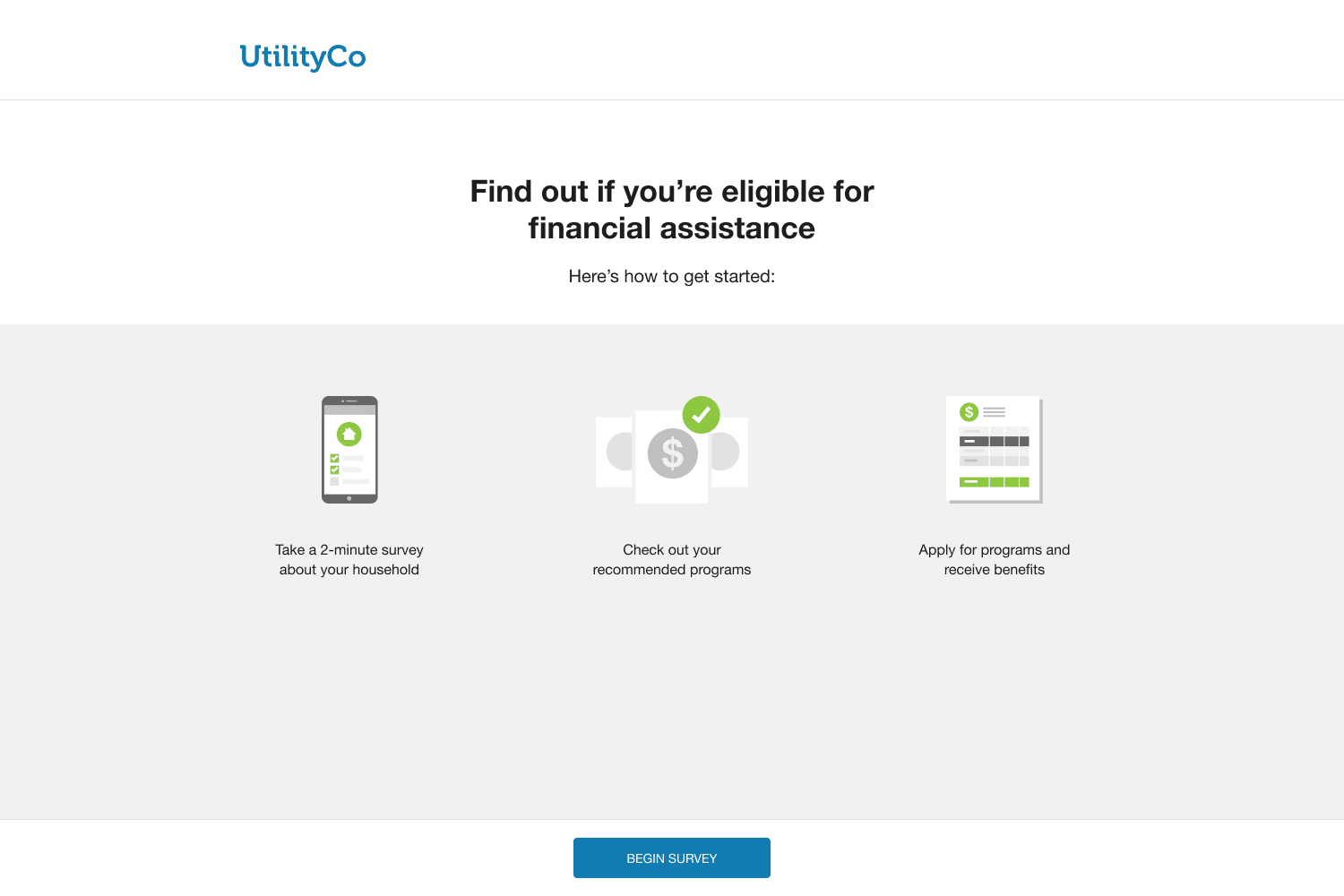 Example screenshot of the Affordability Savings Hub landing screen, showing steps to check eligibility for financial help: take a short household survey, view recommended programs, and apply to receive benefits. A button at the bottom starts the survey.