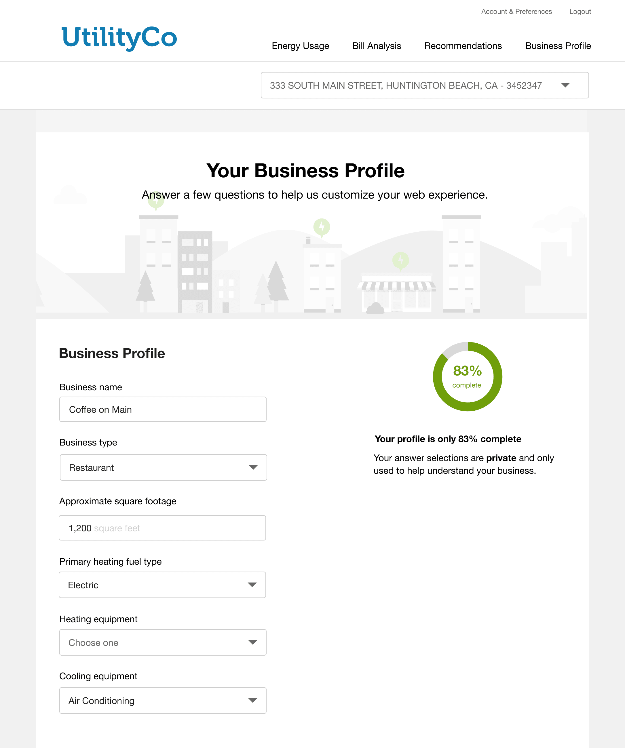 Example screenshot of a business profile form for a utility company, with a progress indicator showing profile completion. Instructions and a privacy note are also displayed.