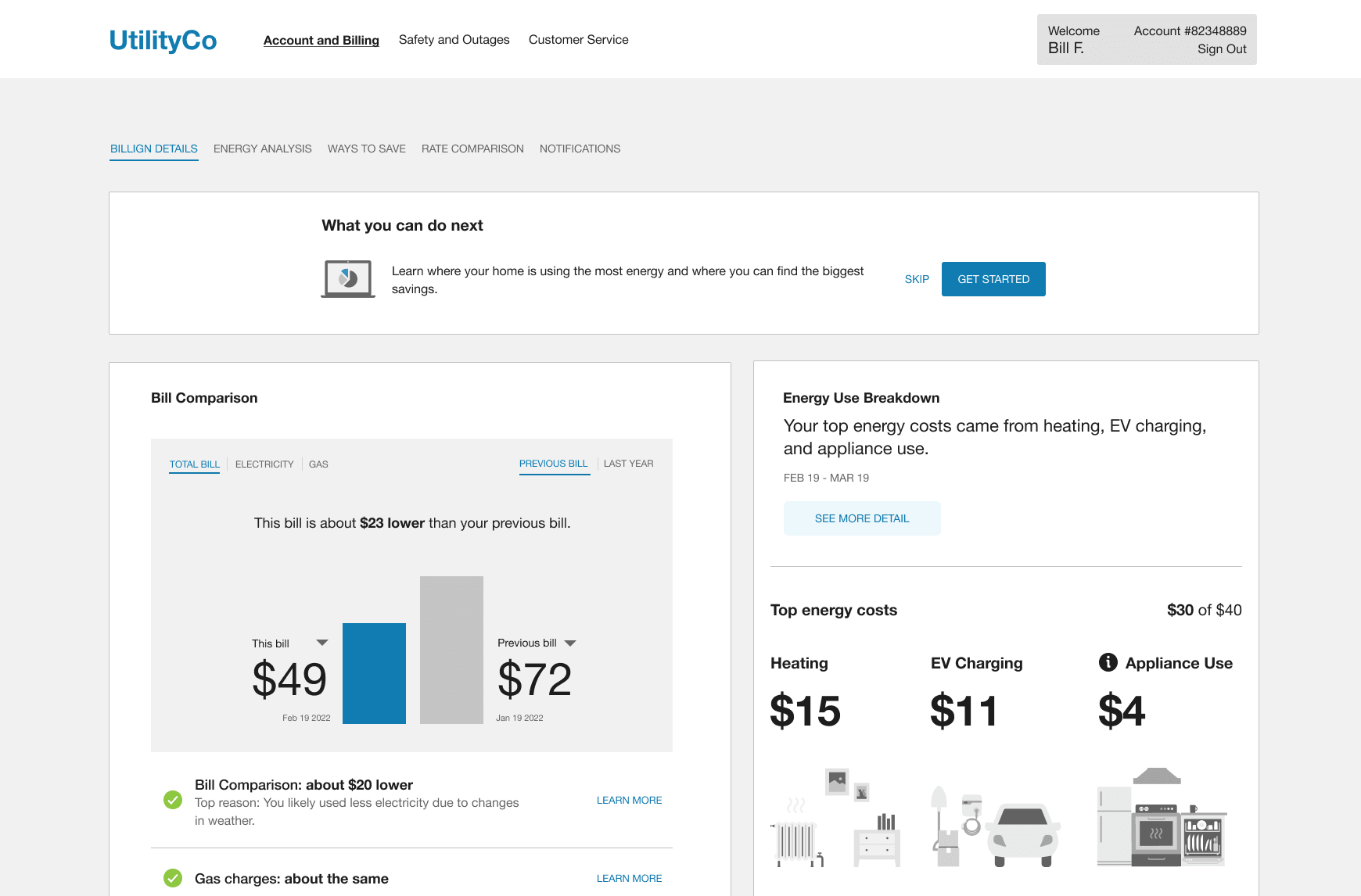 Website showcasing embedded widgets, including a Billing Details tab that includes a banner, a bill comparison, and home energy analysis results