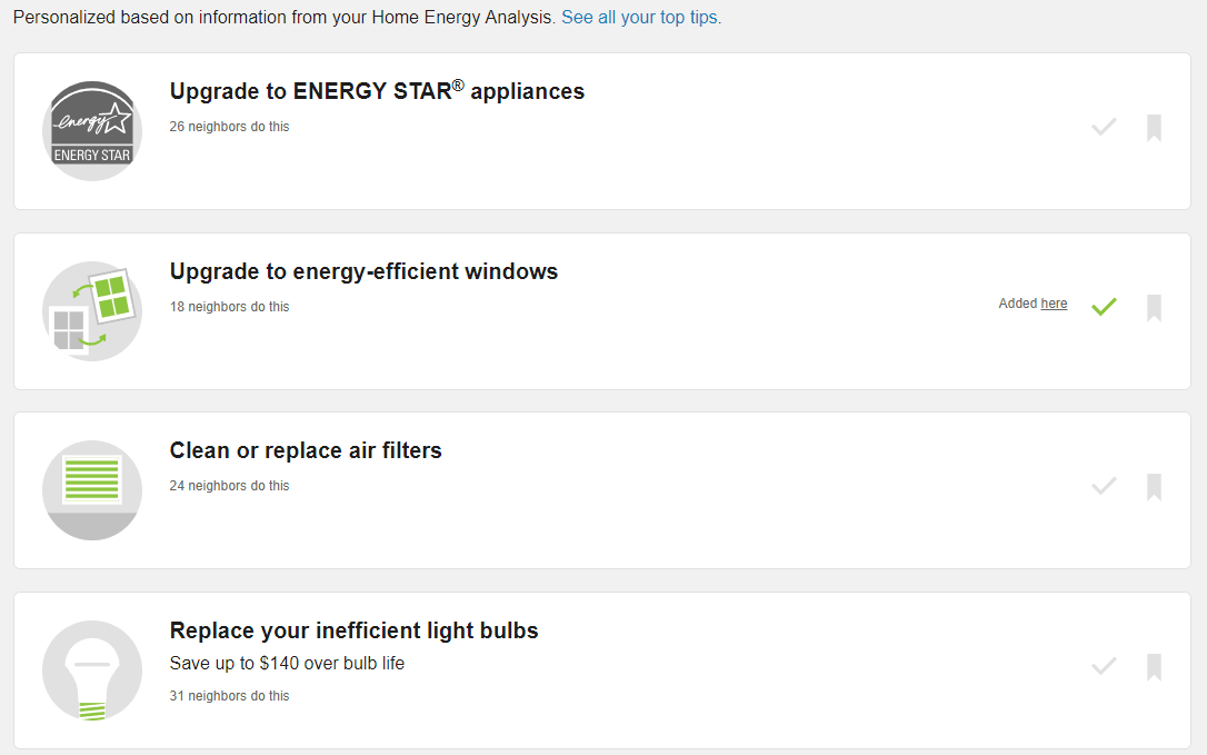 Tips List displays tips selected for a customer based on their Home Energy Analysis survey responses