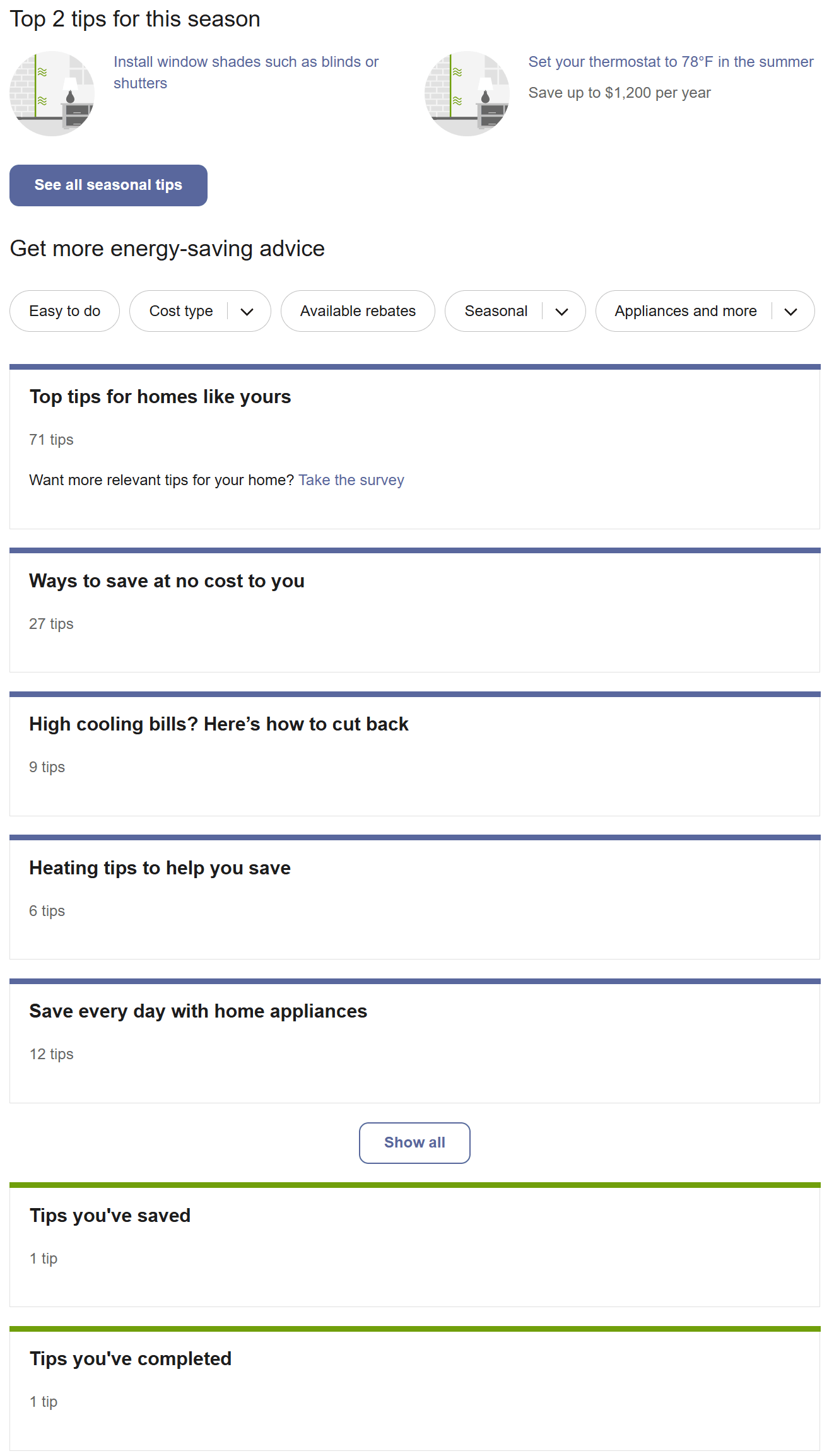 Ways to save landing page, which includes collections energy saving tips displayed as tip guides. Customers can also view tips they have saved or completed.