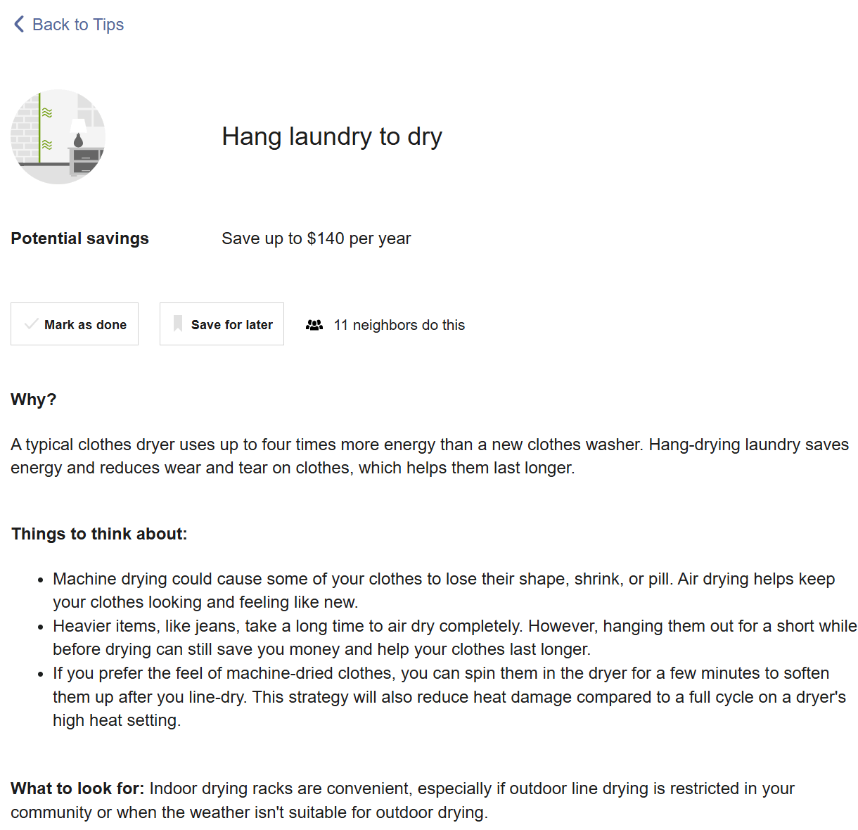 Ways to Save Tip Details, which displays information related to the tip such as potential savings and up-front costs.