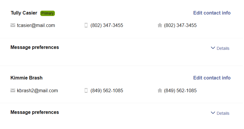 Example screenshot of a contact preferences page showing two recipients with their email addresses, phone numbers, options to edit contact info, and expandable sections for message preferences.