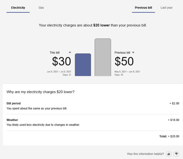 This screenshot shows an example of the bill comparison, including a bar graph and descriptive details that compare your current bill charges to a previous bill.