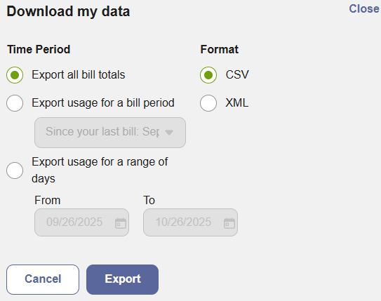Screenshot of the Green Button Download My Data section, which allows customers to download billing data. Options available for all bill totals or specific bill periods. Format options include CSV and XML.