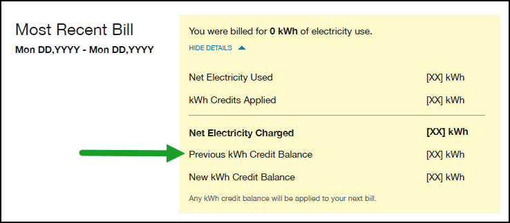 The following image is an example of the Most Recent Bill view with the Details link expanded.