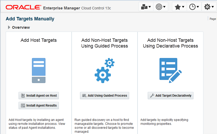 Selecting the Setup, Add Targets then the Add Targets Manually menu items initiates the discovery of the WebLogic domain and Fusion middleware.