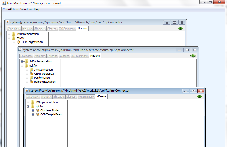 The OEMTargetsBean is present and the connections to the URLs are available after configuring JMX on the target environment.
